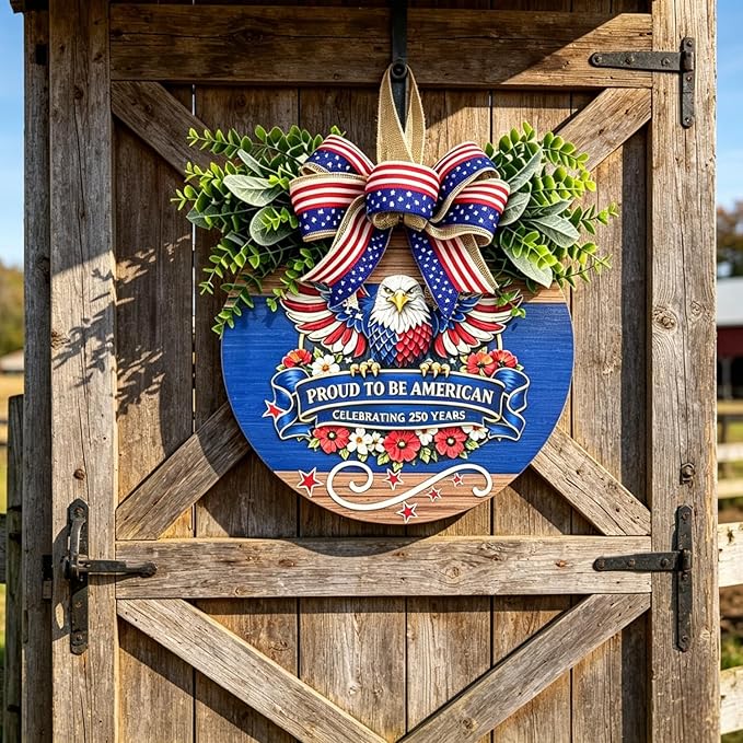 USA 250th Anniversary Patriotic Wreaths for Front Door, 4th of July & Memorial Day Outdoor Patriotic Decorations,12" Wooden Round Sign Decor for Porch, Wall, Window (Color-Proud)