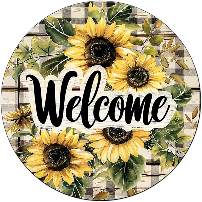 Welcome Sunflower Metal Tin Sign Vintage Round Sign Aluminum Sign for Cafe Kitchen Porch Window Home Wall Decor 12 Inch