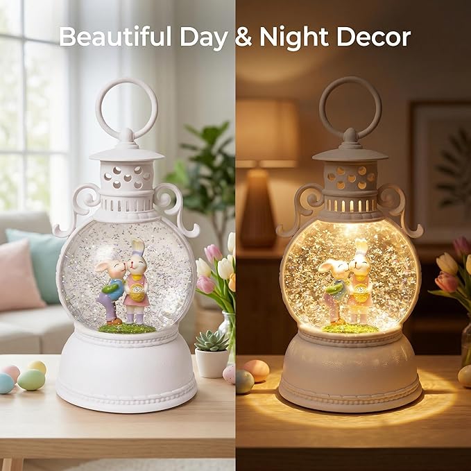 Easter Snow Globe Lantern, 9.4" Bunny Couple Lighted Snow Lantern with 6-Hour Timer, Battery or USB Powered, Spring Easter Decorations for Home, Easter Gift & Indoor Decor