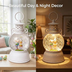 Easter Snow Globe Lantern, 9.4" Bunny Couple Lighted Snow Lantern with 6-Hour Timer, Battery or USB Powered, Spring Easter Decorations for Home, Easter Gift & Indoor Decor