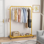 Sywhitta Clothes Rack on wheels, Clothing Rack with Bottom Mesh Storage Shelf,Sturdy Metal Frame,Rolling Garment Rack for Hanging Clothes,Coats,Skirts,39.76" L x 16" W x 64.56" H,Golden
