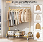 MISSLO Heavy Duty Clothing Rack with Wheels Rolling Clothes Racks for Hanging Clothes, Coats, Garment, Dress, Gold