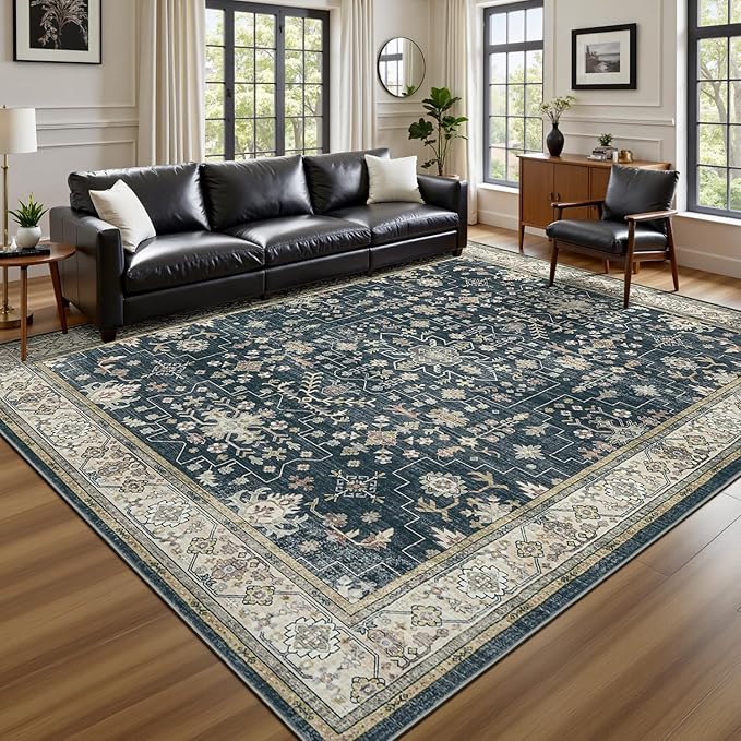 Lessymo 9x12 Area Rugs for Living Room, Large Stain Resistance Washable Rug for Bedroom Dining Home Office, Soft Non-Slip Vintage Floral Oushak Carpet, Boho Moody Farmhouse Decor, Black Brown