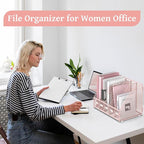 SUPEASY Desk Organizers Metal Desk Magazine File Holder with 5 Vertical Compartments Rack File Organizer for Office Desktop, Classroom, Home Workspace, Pink