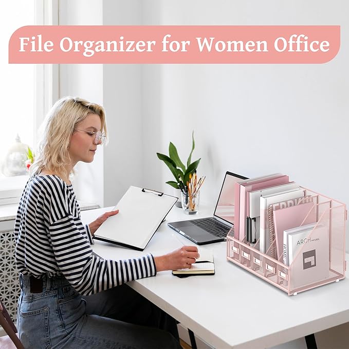 SUPEASY Desk Organizers Metal Desk Magazine File Holder with 5 Vertical Compartments Rack File Organizer for Office Desktop, Classroom, Home Workspace, Pink