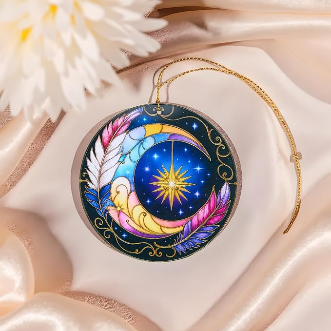 Sun and Moon Decor Decorative Ornament for Christmas Ornaments, Celestial Decor Round Acrylic Hanging, Stained Glass Effect Window Hanging Style, Thanksgiving Gifts, Moon Gifts for Women