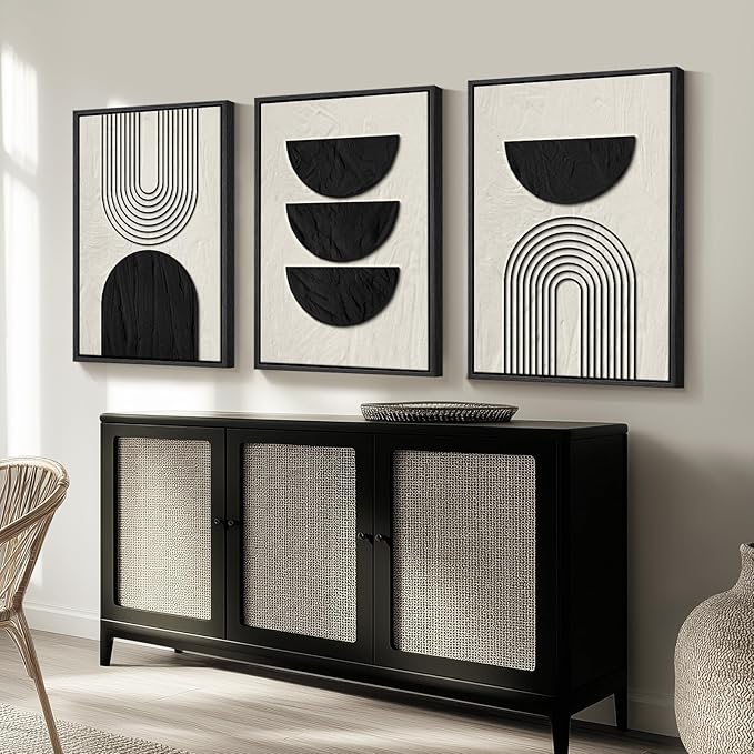 Framed Boho Wall Art for Living Room, Large 3 Piece Neutral Geometric Black and Beige Abstract Pictures Wall Art Decor, Farmhouse Vintage Artwork Home Decor for Hallway Office Guest Room 24x36 Inch
