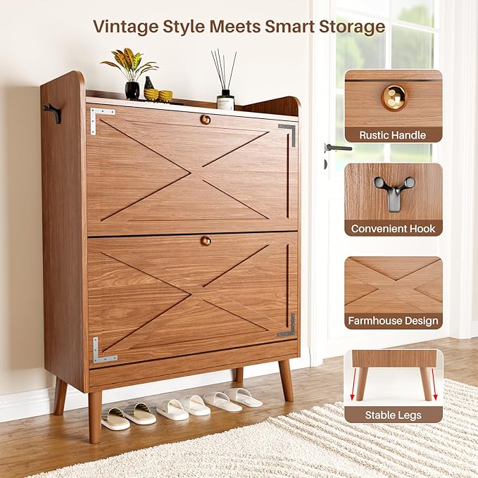 Shoe Storage Cabinet with 2 Flip Drawers, Entryway Shoe Cabinet with 2 Metal Hooks & Adjustable Shelves Freestanding Shoe Organizer Narrow Shoe Rack for Entrance Hallway Foyer Front Door,Walnut