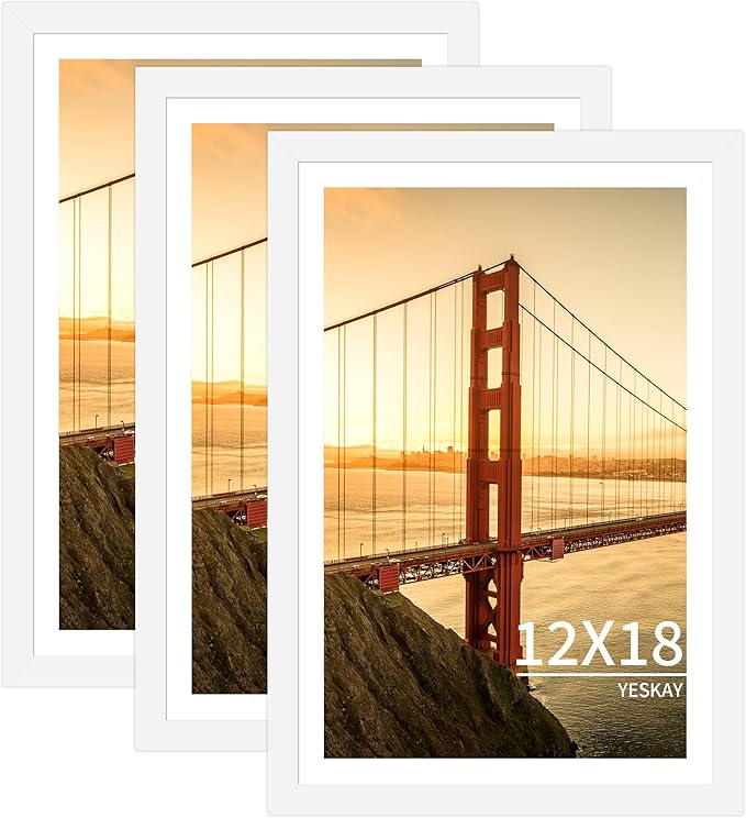 12x18 Picture Frame 3 Pack - White Poster Frame Display Pictures 11x17 with Mat or 12 x 18 Without Mat for Wall Hanging Horizontal and Vertical