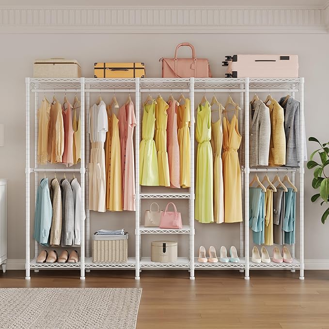 H5 Extra Large Heavy Duty Clothes Rack, Wire Garment Rack, Freestanding Clothing Rack for Hanging Clothes, Wardrobe Closet with Adjustable Shelf, 93.3" Wx15.7 Dx75.4 H, White, Load 1400 lbs