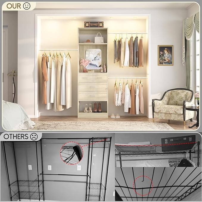Unikito 8FT Closet System, Customizable 96 Inch Closet Organization Kit with 25” Tower and 3 Extendable Hanging Rod(Can Be Cut to Fit), Heavy Duty Clothing Racks with 4 Drawers and Shelves, White Oak
