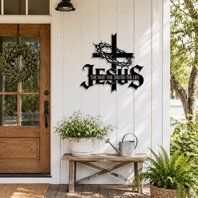 Jesus Wall Art Cross Wall Decor with Crown of Thorns - Metal Christian Wall Art "The Way The Truth The Life" Sign, Black Iron Religious Wall Art & Christian Wall Decor for Home Living Room Church(15.7"L x 15.2"W)
