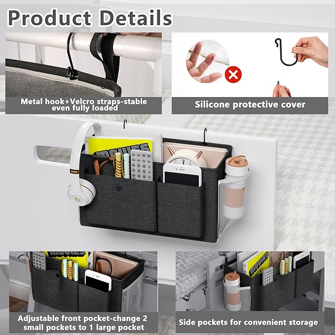 Edudif Bedside Caddy Bedside Organizer with Fixed Straps & Water Bottle Holder, Bunk Bed Caddy ideal for Home, Dorm, Hospital, Crib, Versatile Bedside Storage Solution