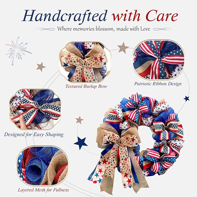 250th Anniversary Patriotic Wreaths for Front Door, 24 Inch Large Full Layered & Pre-Lit Design 4th of July Decorations with Burlap Bow, Red White and Blue Ribbon Wreath for Memorial Day