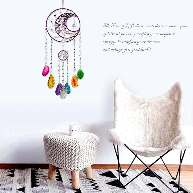 Large Dream Catchers, Crystal Tree of Life Dreamcatcher with Rainbow Healing Agate Slice Wind Chime Suncatcher for Windows Hangings Prism Decoration Gifts for Adult Girls Bedroom Garden Room Decor