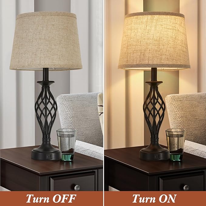 Table Lamp for Bedroom Set of 2 with USB C+A Ports, Modern Bedside Lamps with Spiral Cage Base, Fabric Shade, Nightstand Lamp for Living Room Reading Bed Side End Table, 2 LED Bulbs Included Black