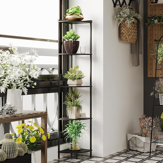 SUNMORY 5 Tier Corner Shelf Stand, Industrial 65" Corner Shelves Display Shelf for Living Room Decor, Wall Corner Bookshelf Multi Unit Organizer, Tall Shelf Plant Stand for Bedroom, Bathroom, Black