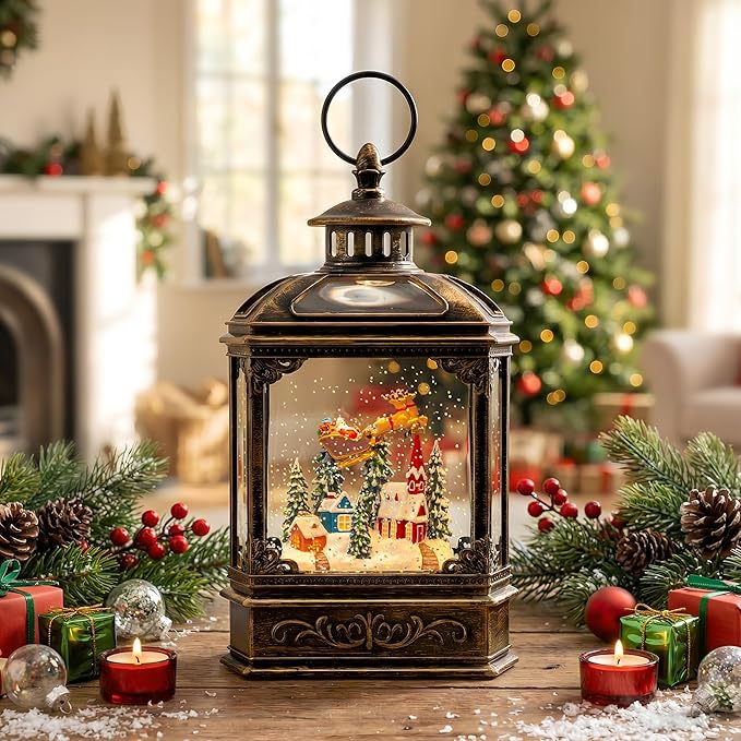 Christmas Snow Globe Swirling Glittering Lantern Santa Flying with Reindeer, USB Lined/Battery Operated Lighted Water Lantern for Christmas Festival Decoration Gifts