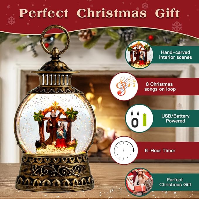 Christmas Nativity Snow Globe, Nativity Musical Snow Globe Lantern Lights with 6H Timer Battery & USB Powered, Retro Style Holiday Glitter Globe for Xmas Home Decoration Holiday Party Gifts