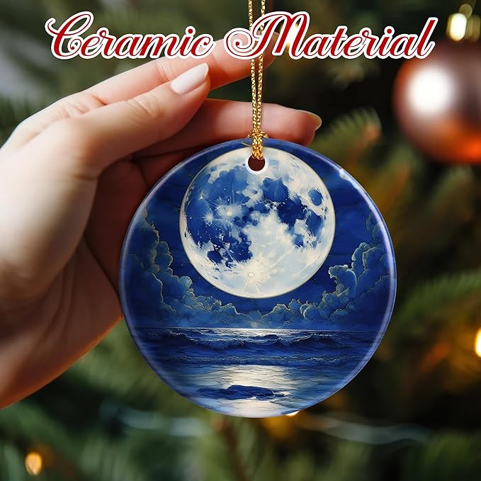Christmas Ornaments, 2.8 Inch Ceramic Hanging Ornament, Christmas Tree Ornaments, Xmas Decorations, Holiday Decorations, Holiday Party Gifts, and Xmas Gift Ideas - Full Moon Over Ocean