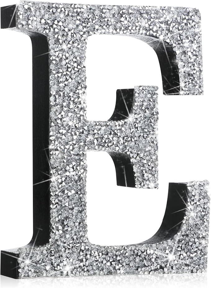 Qunclay 12'' Silver Crystal Diamond Bling Letters Crushed Diamond Decoration Wooden Glitter Letter with Screw and Hooks Rhinestone Gift for Wedding Y2k Mcbling Bedroom Wall Decor (Letter E)