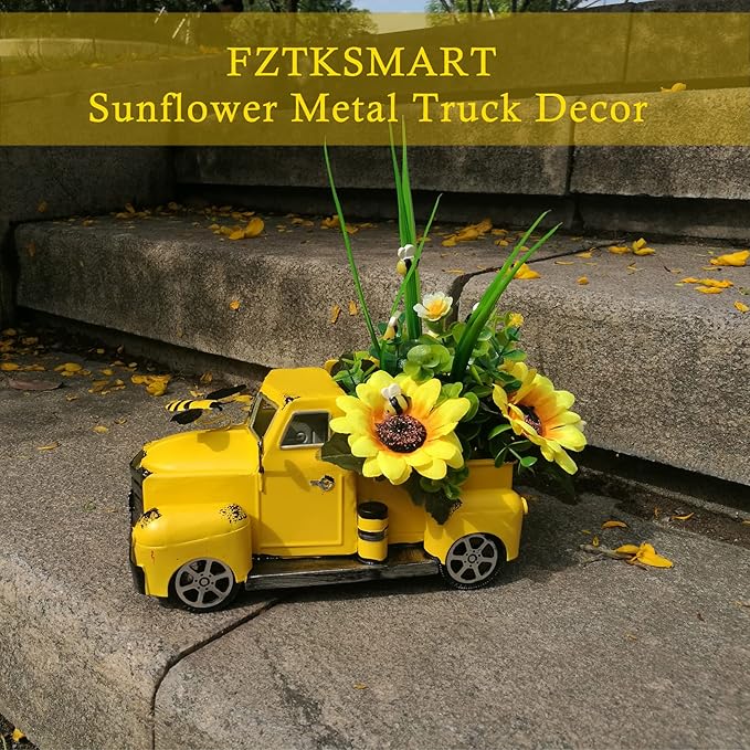 Metal Truck Decor with Sunflowers, Honey Bee, Fall Table Decor for Home, Farmhouse, Vintage Pickup for Living Room, Kitchen Table Centerpiece, Yellow