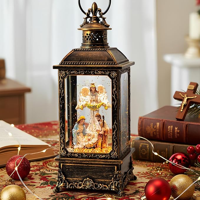 Christmas Snow Globe Swirling Glittering Angel & Nativity Scene with Music, USB Lined/Battery Operated Lighted Water Lantern for Christmas Festival Decoration Gifts