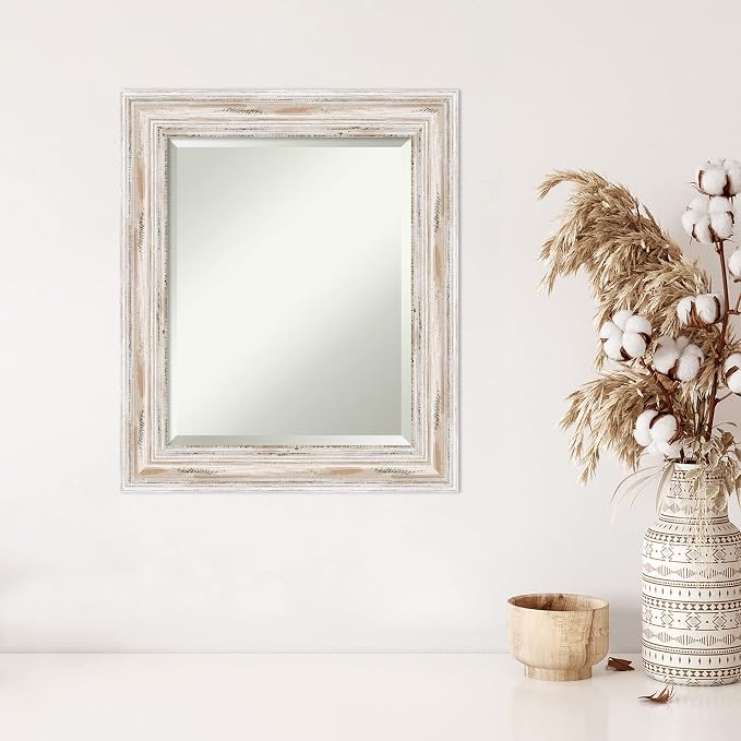 Amanti Art White Wall Mirror 25x21 Alexandria White Wash Rectangle Bathroom Mirror for Wall Decor Living Room, Small Cottage Wood Frame, Hangs Horizonally and Vertically, Bathroom Decor, Beveled Edge