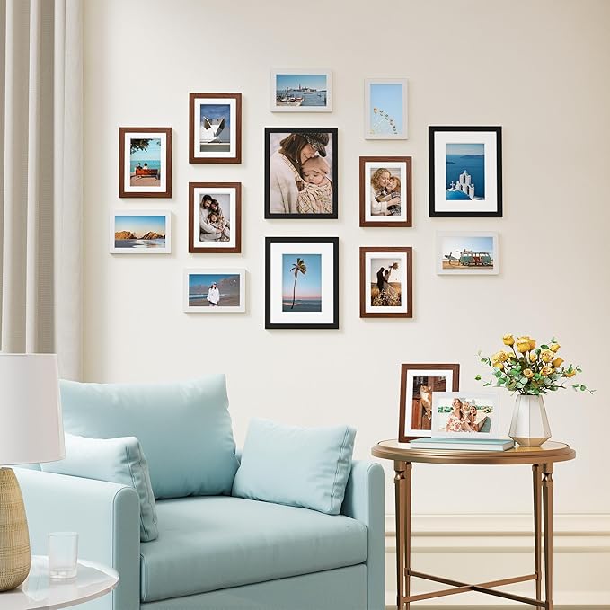 Vittanly 15 Pack Picture Frames Collage Wall Decor, Multi Sizes Including 3pcs 8x10, 6pcs 5x7 and 6pcs 4x6 Photo Frames, Gallery Frame Set for Wall or Tabletop Display, Black, Walnut Brown and White