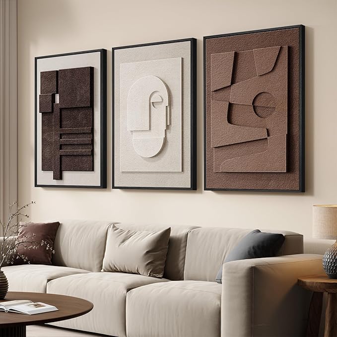 3D Textured Framed Neutral Abstract Wall Art for Bedroom, 3 Piece Modern Artwork for Walls, Minimalist White and Brown Geometric Wall Paintings for Living Room, Dining Room, Lounge Wall Decor 16x24 In