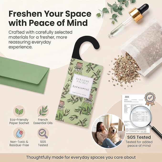 ROSE COTTAGE Large 12 Packs Eucalyptus Hanging Closet Deodorizer Air Freshener Long Lasting Scented Sachets Smell Goods for House