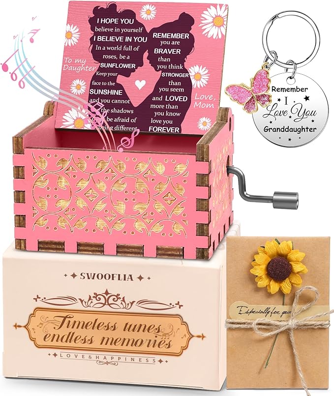 Swooflia Mother's Day Wooden Music Box for Daughter - Hand Crank Engraved Musical Box Vintage Mechanism Personalized Gifts for Mom Aunt Niece Granddaughter Grandma Friend Jesus On Birthday