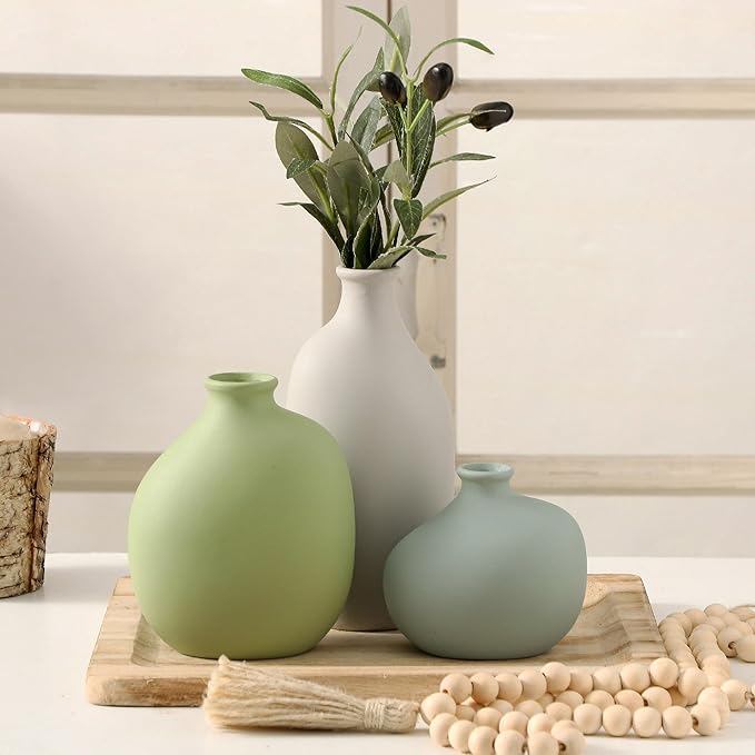Ceramic Vase Set of 3, Small Rustic Farmhouse Pottery Vases for Home Decor, Perfect for Pampas Grass, Ideal for Living Room, Bedroom, Kitchen, Bathroom, Bookshelf, Table Centerpiece.