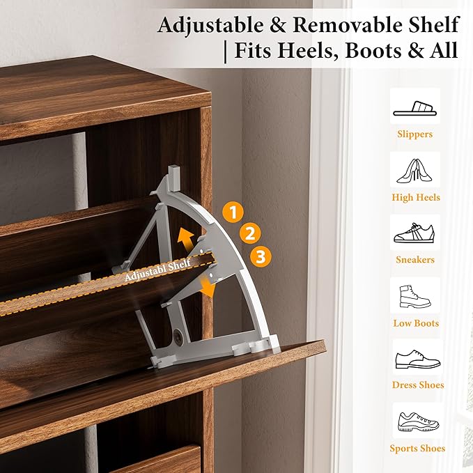 Nicetree Mid-Century Modern Slim Shoe Cabinet for Entryway, 9.45" Narrow Shoe Storage Cabinet with Architectural Arched Fluted Front, Entryway Shoe Storage with Adjustable Shelves,Classic Walnut