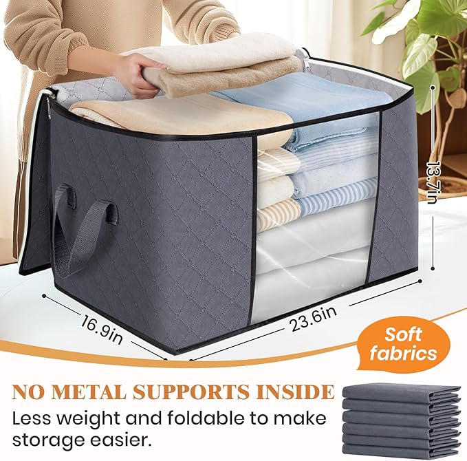 Fab totes 24 Gallons Clothes Storage, Foldable Thick Fabric Blanket Storage Bags, Containers for Organizing Bedroom, Closet, Clothing, Comforter, Organization with Handle (6 Pack,Grey)
