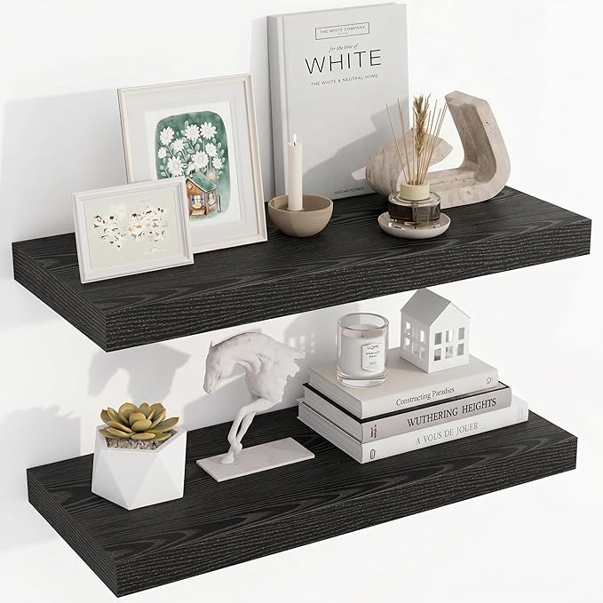 Acovy 24 Inch Floating Shelves, 24"x9.25"x1.5" Inch Deep Floating Shelves for Wall, Wooden Shelves for Bathroom, Bedroom, Living Room, Black, 2 Pieces