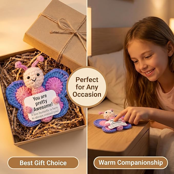 SecretCastle Positive Crochet Butterfly AnimalsEmotional Support Crochet Doll Desk Decor Pickle Gifts Emotional Support Plush for Women Girls Men Mom