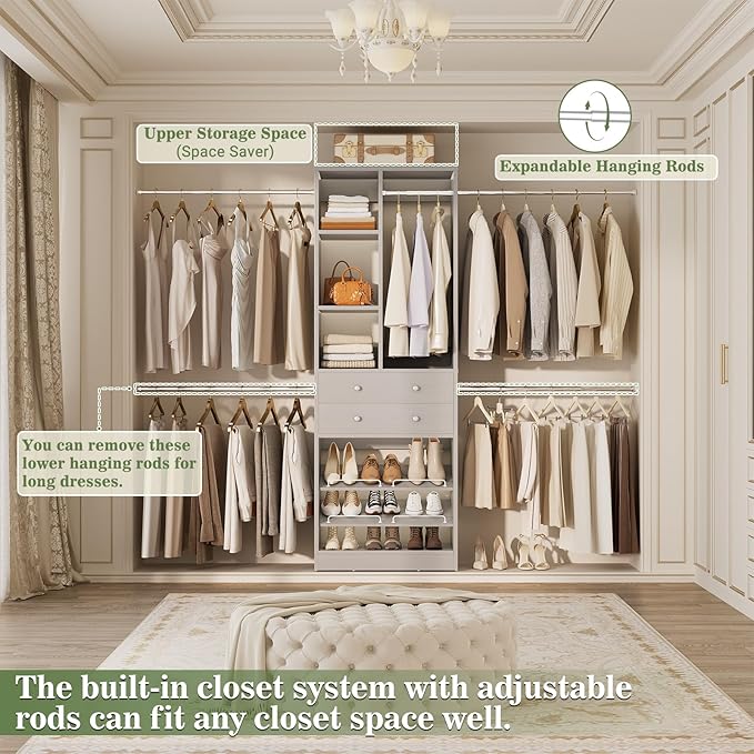 Closet System, 4.2–8.8 FT Closet Organizer with 2 Wooden Drawers and Shelves, Walk-in Closet System with 5 Hang Rods, Built-in Closet Tower, Can Fit 60 to 96 inch, Morandi Grey