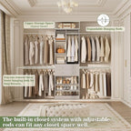 Closet System, 4.2–8.8 FT Closet Organizer with 2 Wooden Drawers and Shelves, Walk-in Closet System with 5 Hang Rods, Built-in Closet Tower, Can Fit 60 to 96 inch, Morandi Grey