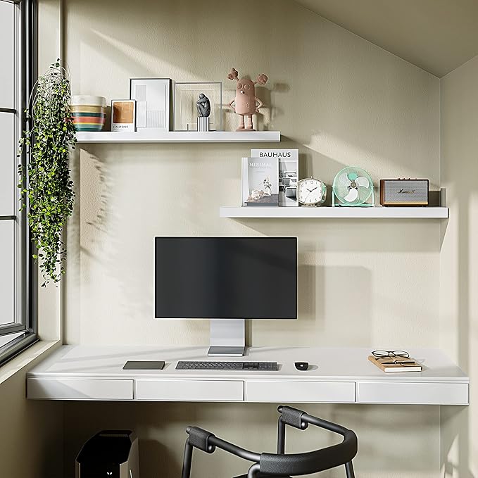 BAMEOS Floating Shelves,40 x 8Wall Shelves – Extra-Wide Display Shelf with Invisible Brackets, Set of 2 | Accent Décor Shelf for Bedroom, Living Room, Home Office & Salon Display White