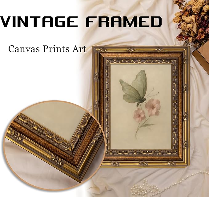 Vintage Gold Framed Wall Art, Retro Butterfly and Pink Flower Oil Painting Canvas Prints, Beige Insect Picture, Rustic Farmhouse Moth Cottagecore Poster Artwork for Living Room Bedroom Bathroom