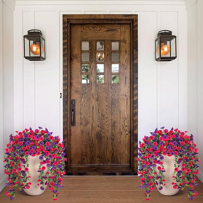 Artificial Hanging Flowers for Outdoor, 4pcs Fake Plants Long Vine Morning Glory Eucalyptus, Spring Summer UV Resistant Realistic Faux Greenery Indoor Outside Patio Porch Garden Decor, Hot Pink Purple
