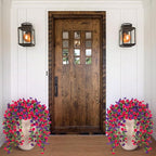 Artificial Hanging Flowers for Outdoor, 4pcs Fake Plants Long Vine Morning Glory Eucalyptus, Spring Summer UV Resistant Realistic Faux Greenery Indoor Outside Patio Porch Garden Decor, Hot Pink Purple
