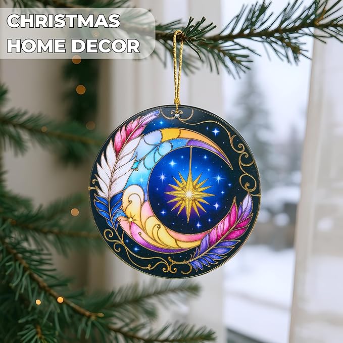 Sun and Moon Decor Decorative Ornament for Christmas Ornaments, Celestial Decor Round Acrylic Hanging, Stained Glass Effect Window Hanging Style, Thanksgiving Gifts, Moon Gifts for Women