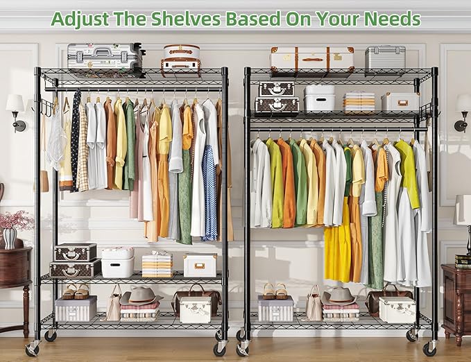 Simple Trending Heavy Duty Clothing Rack 3 Tiers Adjustable Wire Shelving Clothes Rack with Double Rods and Side Hooks, Freestanding Wardrobe Storage Rack Metal Garment Rack, Black