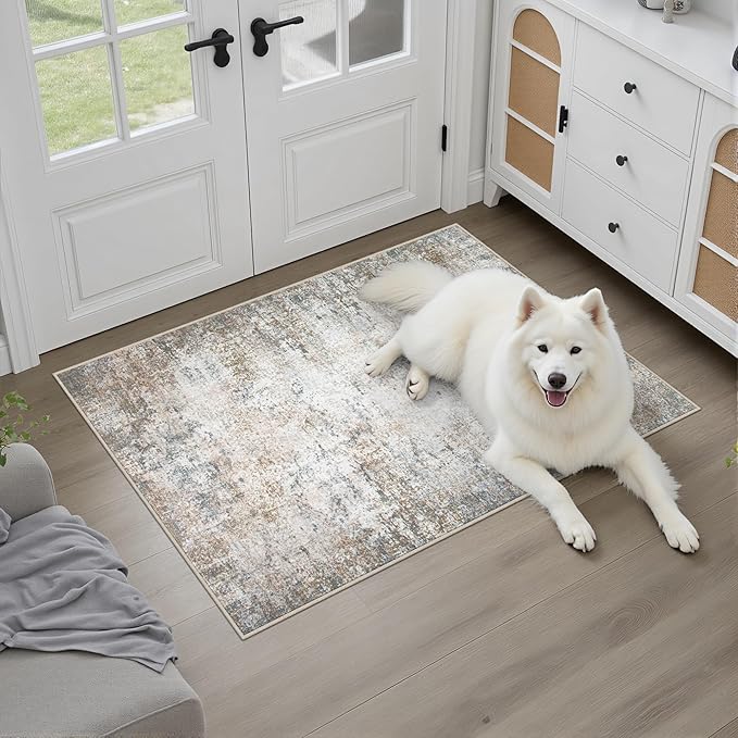 Washable Area Rug 2x3 Entryway Rug: Washable Modern Abstract Soft Thin Rug Indoor Floor No Slip Stain Resistant Carpet for Bedroom Dining Room Farmhouse Nursery Home Office - Brown Grey