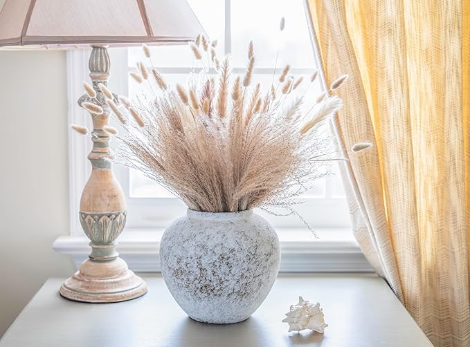 Rustic Farmhouse Textured Ceramic Vase, Large Round Distressed White Pottery Flower Vase for Centerpieces, Kitchen, Living Room, Bedroom, Table Top Decor, Gift & Weddings