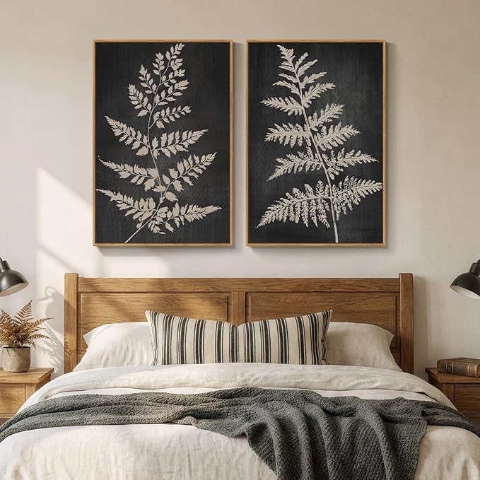 Large Framed Vintage Botanical Wall Art Set of 2, Black Neutral Retro Leaf Canvas Paintings Prints, Rustic Minimalist Modern Farmhouse Pictures for Living Room Bedroom Office Wall Decor, 24x36 Inch