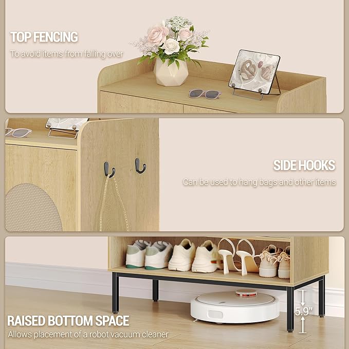 Shoe Cabinet with Doors, 7-Tier Shoe Storage Cabinet with Adjustable Shelves, Wooden Shoes Organizer Cabinets with Top Storage Layer, 28-32 Pairs, for Entryway, Hallway, Rattan SR68702Y