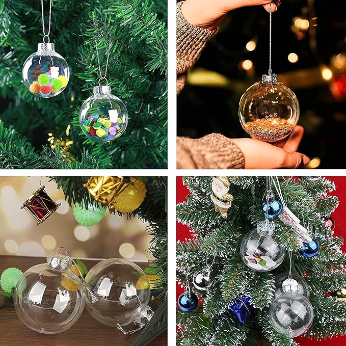 16 pcs Hanging Clear Plastic Fillable Ornaments, 2.36" DIY Christmas Balls Craft Ornaments for Christmas Tree, Halloween and Wedding Birthday Party Decorations, Creative Gifts (60 mm)